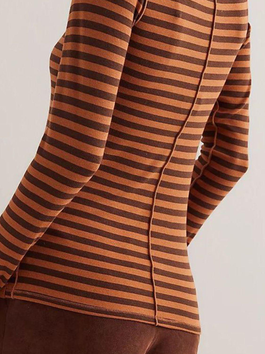 Exposed Seam Striped Turtleneck Long Sleeve T-Shirt - Curated by tt