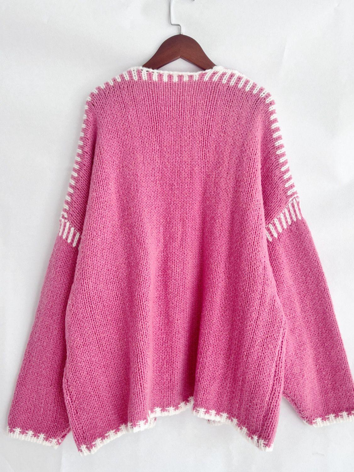 Double Take Contrast Open Front Dropped Shoulder Cardigan - Curated by tt