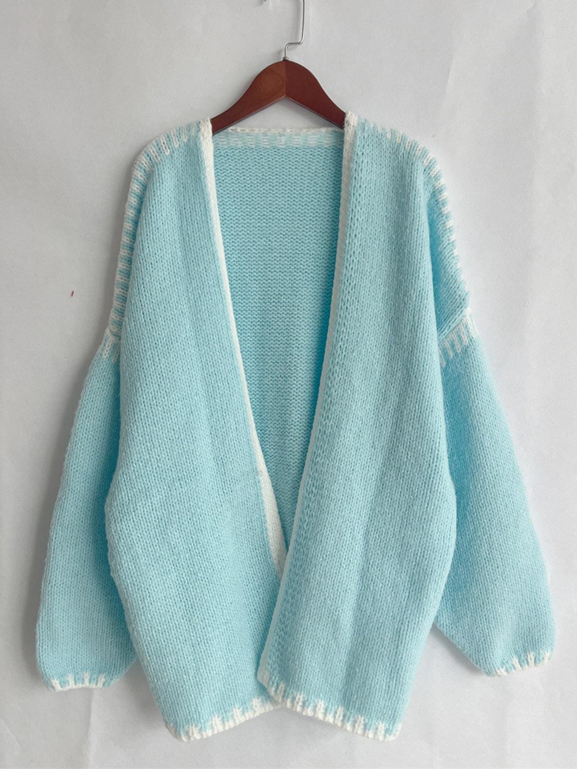 Double Take Contrast Open Front Dropped Shoulder Cardigan - Curated by tt