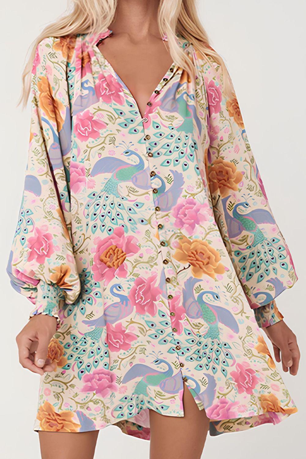 Printed Notched Lantern Sleeve Dress - Curated by tt