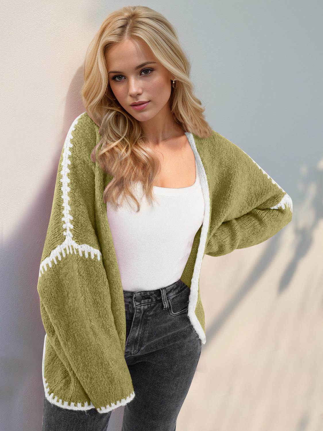 Double Take Contrast Open Front Dropped Shoulder Cardigan - Curated by tt