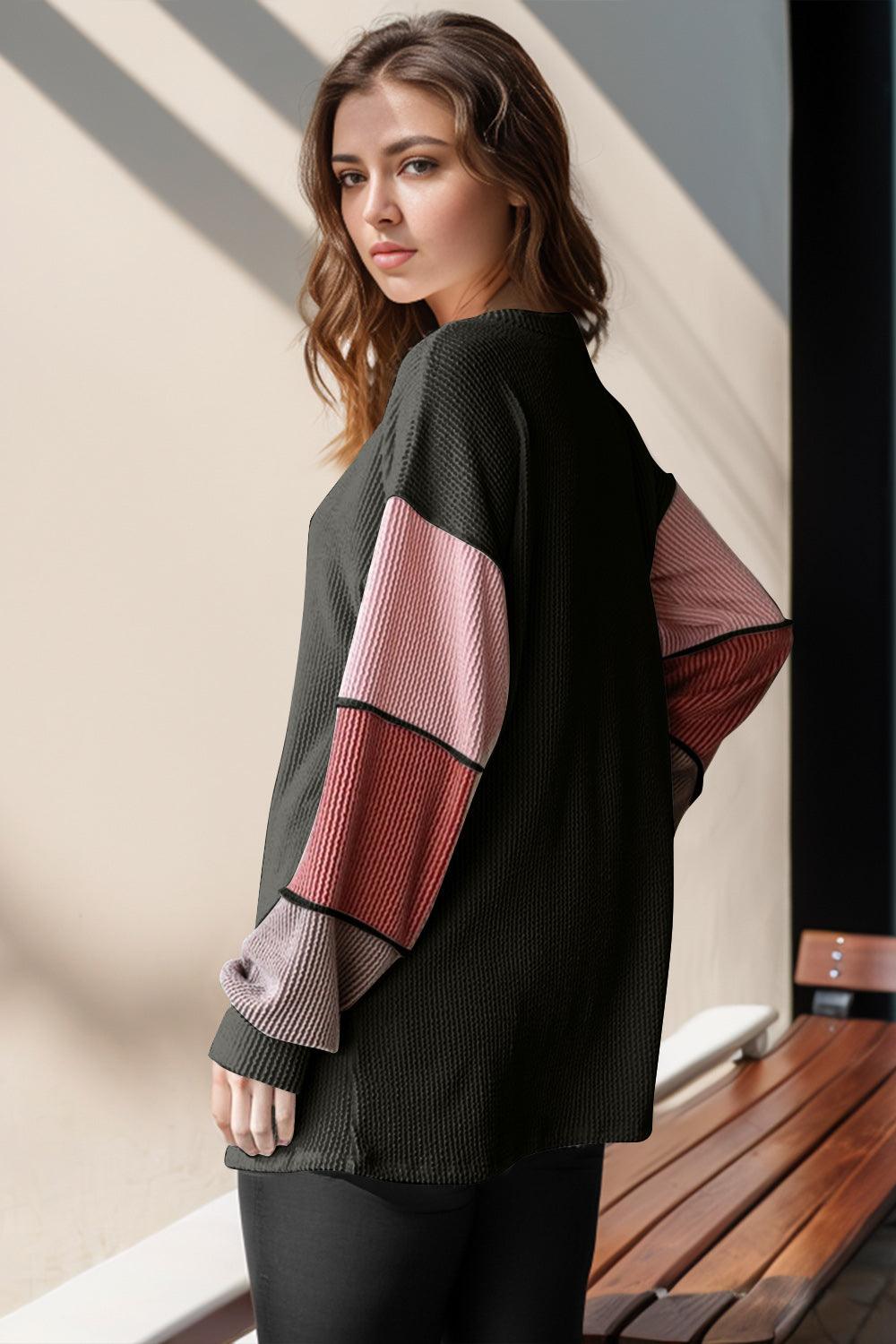 Double Take Full Size Color Block Round Neck Long Sleeve T-Shirt - Curated by tt