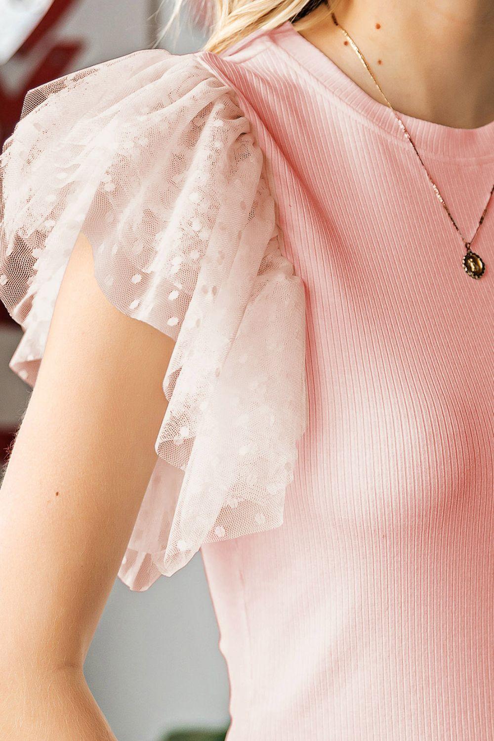 Ruffled Round Neck Cap Sleeve Blouse - Curated by tt