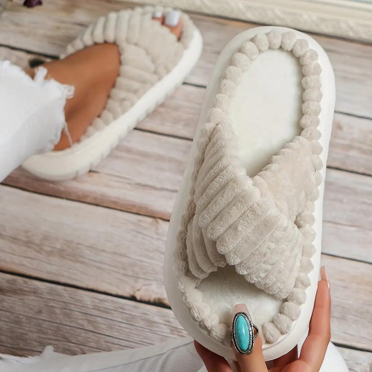 Crisscross Cordoroy Platform Slippers - Curated by tt