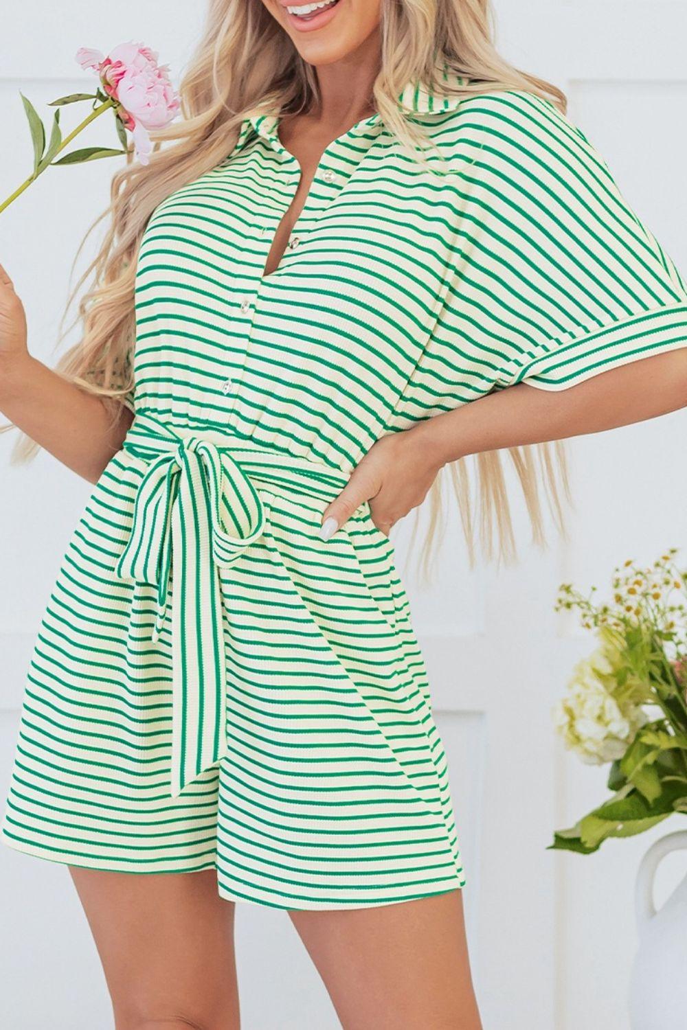 Striped Half Sleeve Tie Waist Romper - Curated by tt