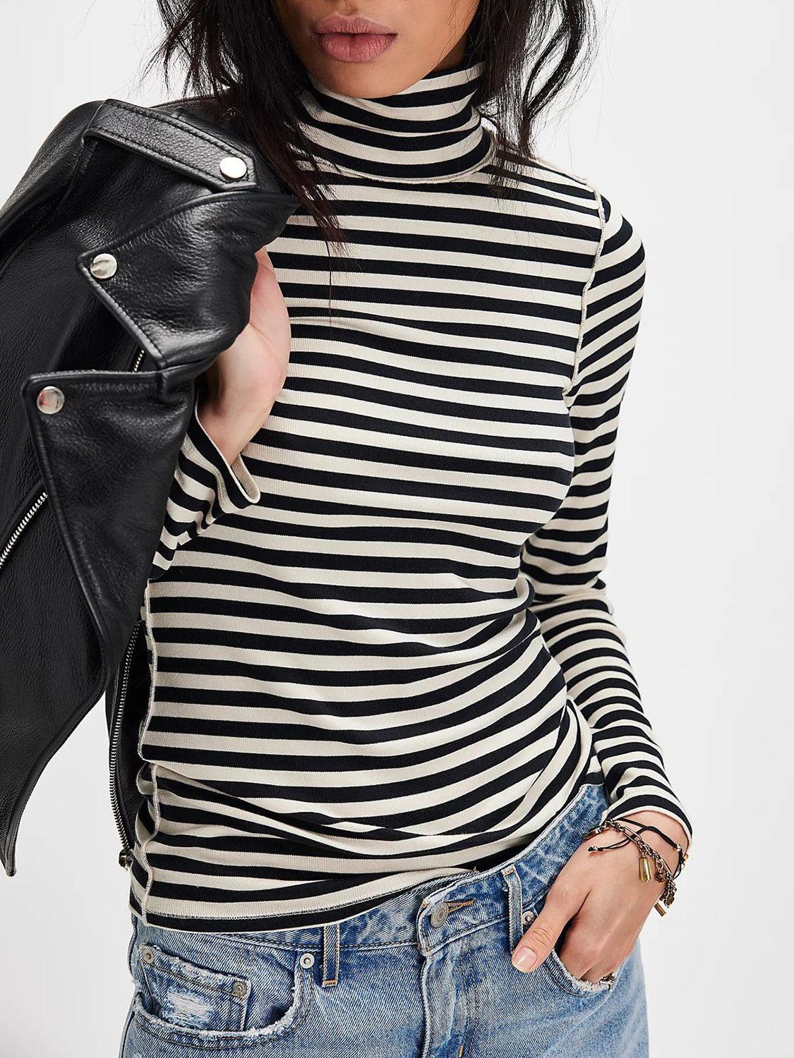 Exposed Seam Striped Turtleneck Long Sleeve T-Shirt - Curated by tt