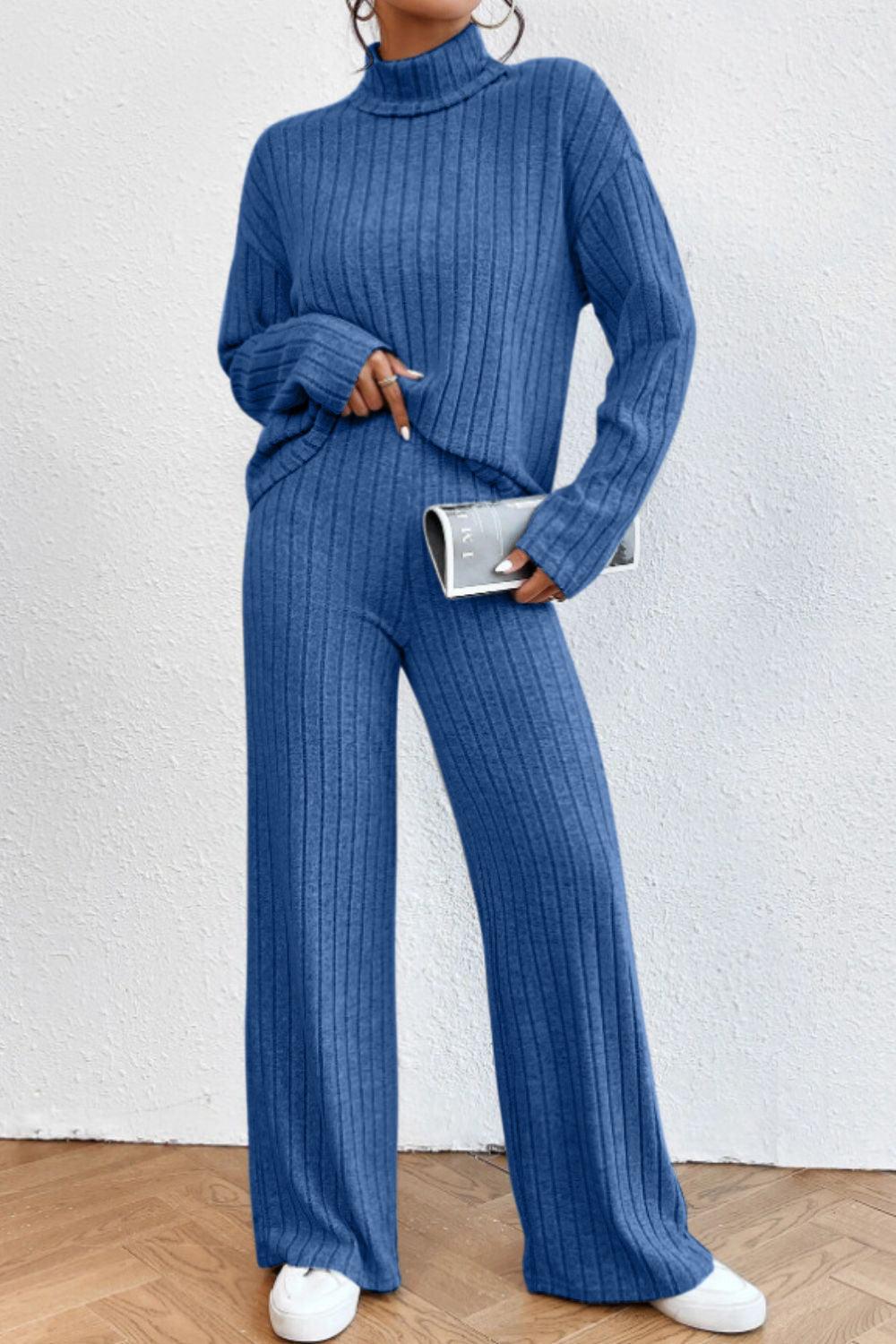 Mock Neck Dropped Shoulder Top and Pants Set - Curated by tt