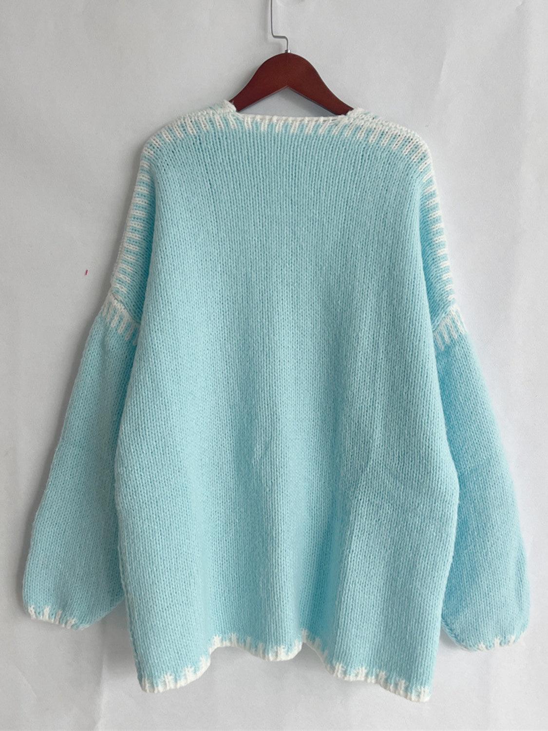 Double Take Contrast Open Front Dropped Shoulder Cardigan - Curated by tt