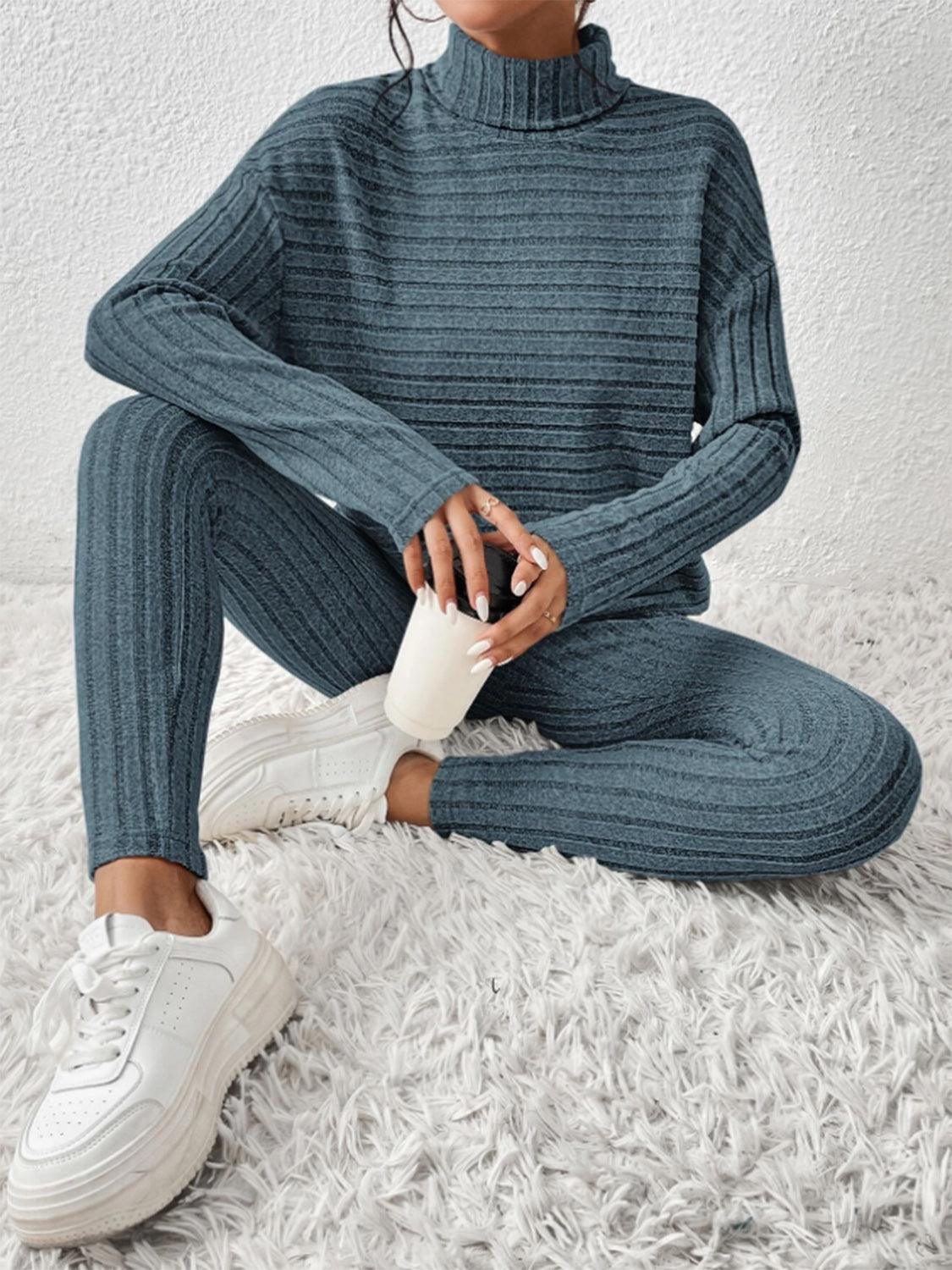 Ribbed Turtleneck Top and Pants Set - Curated by tt