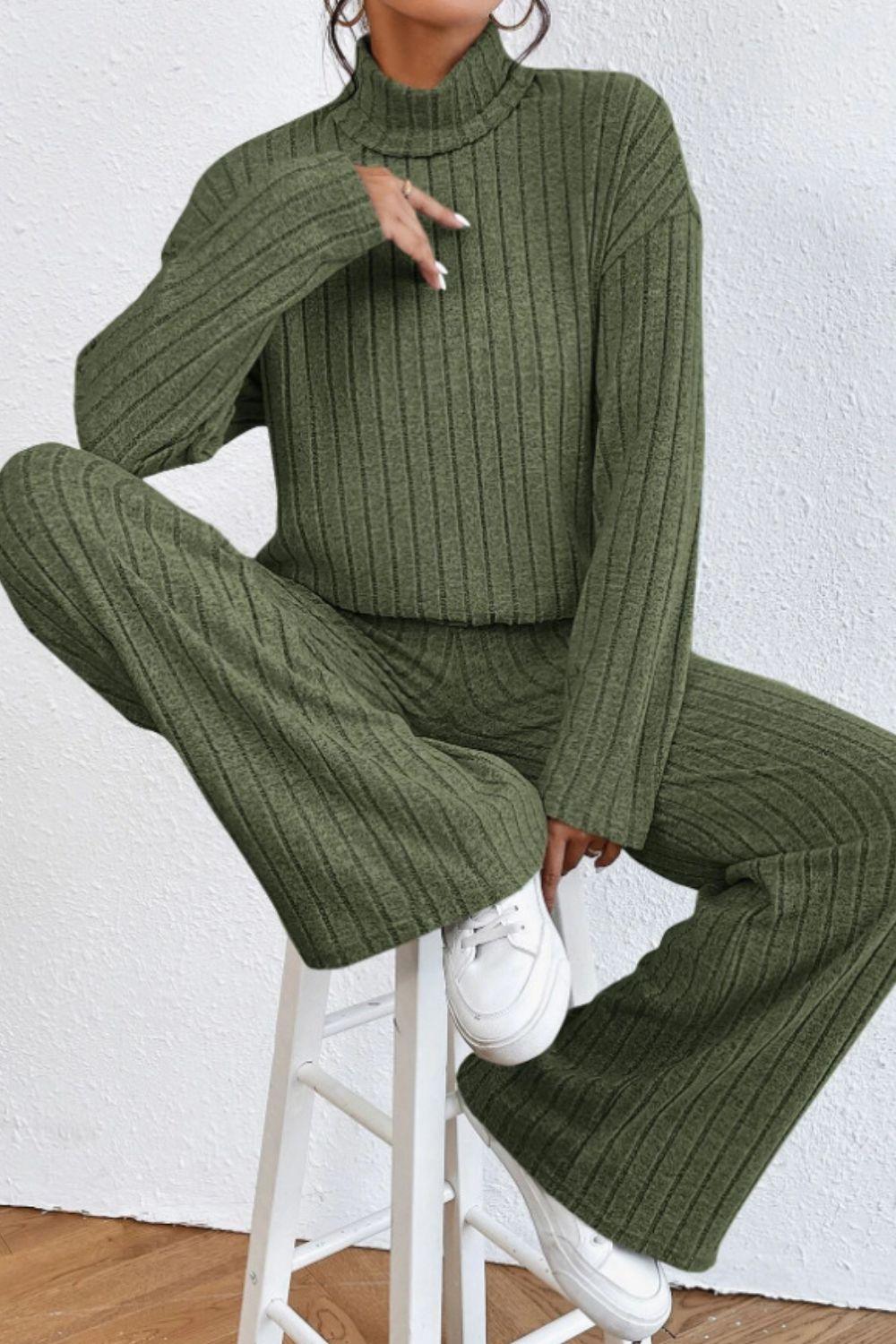 Mock Neck Dropped Shoulder Top and Pants Set - Curated by tt