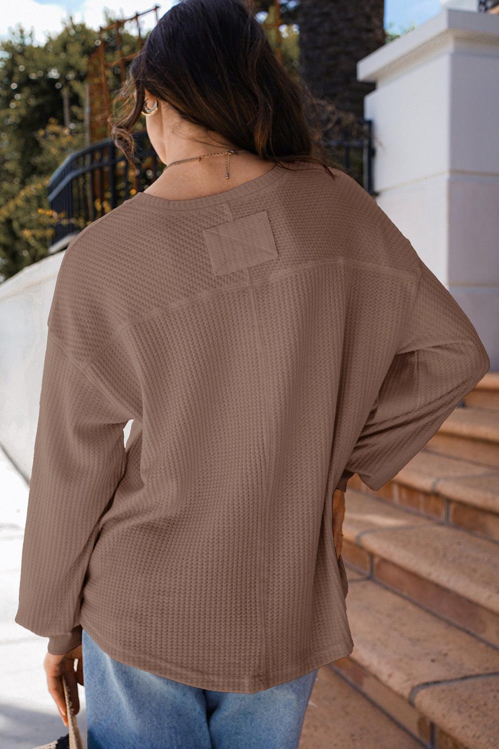 Coffee Waffle V Neck Long Sleeve - Curated by tt