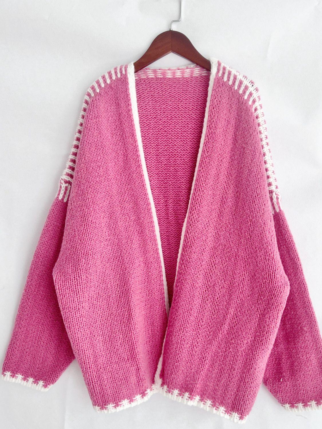 Double Take Contrast Open Front Dropped Shoulder Cardigan - Curated by tt