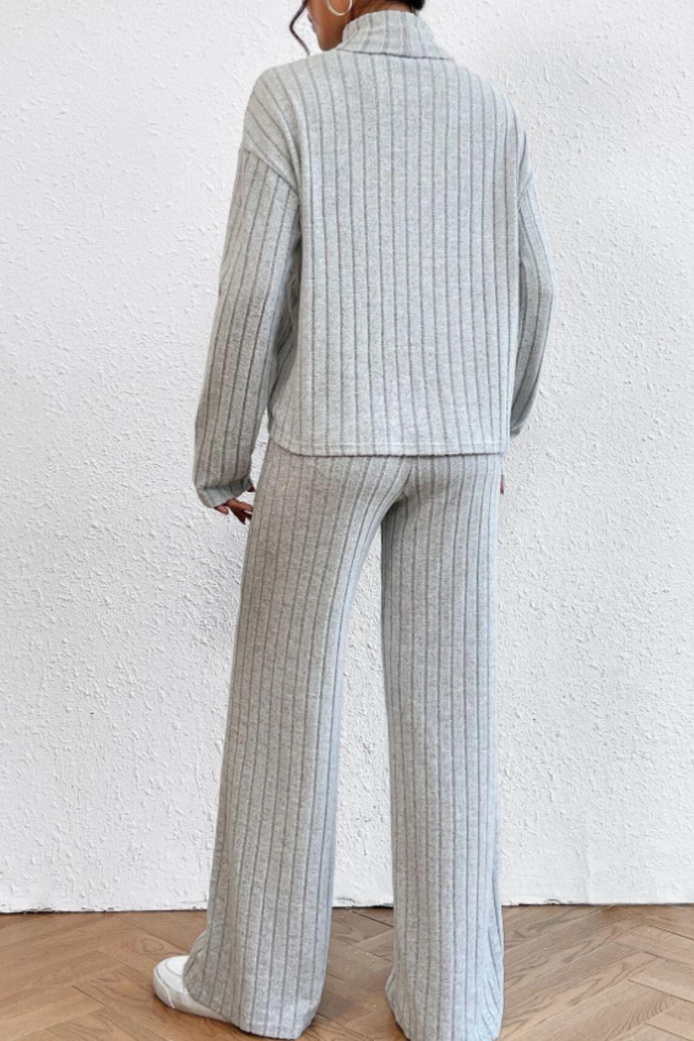 Mock Neck Dropped Shoulder Top and Pants Set - Curated by tt