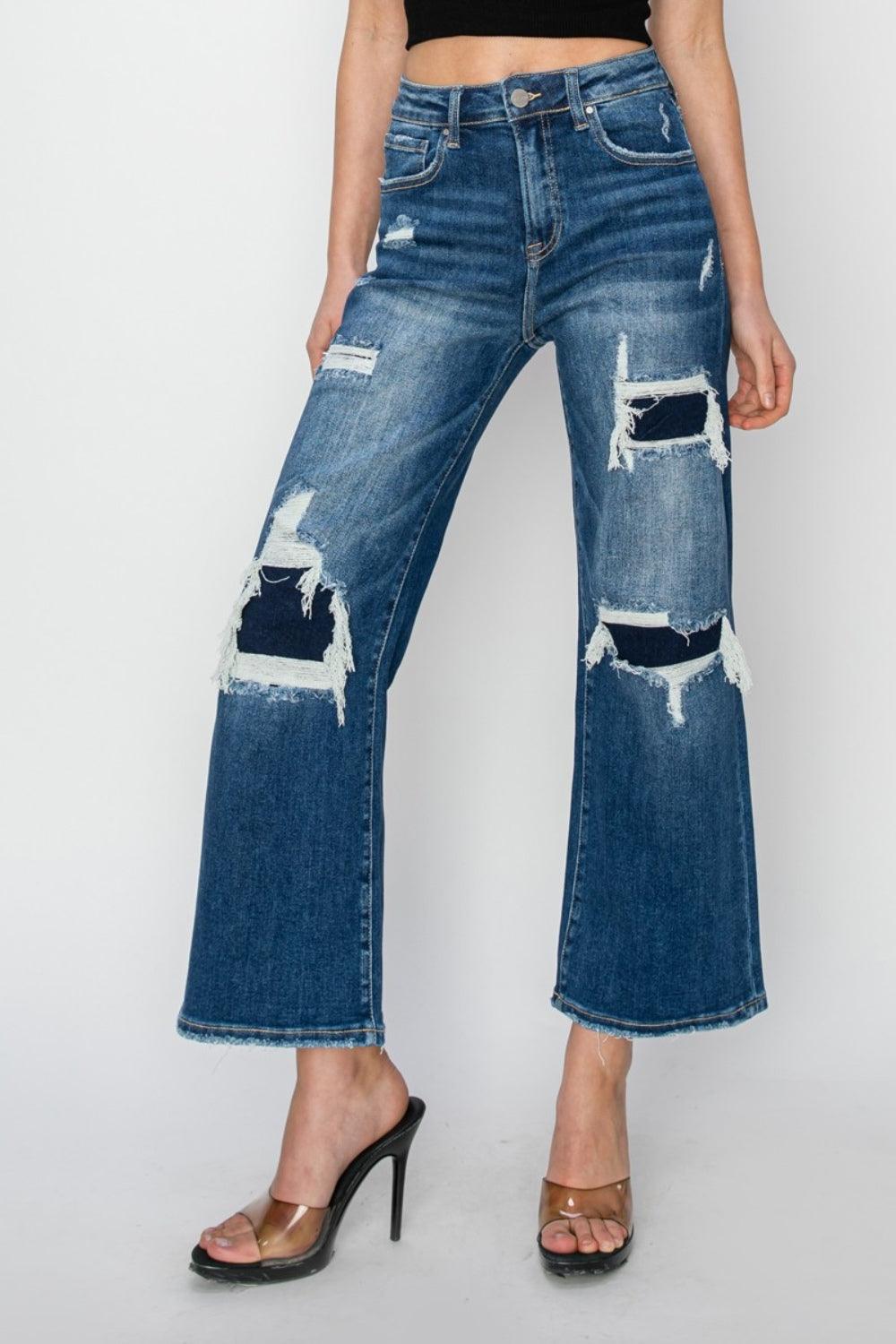 Full Size High Rise Patch Detailed Wide Leg Crop Jeans - Curated by tt