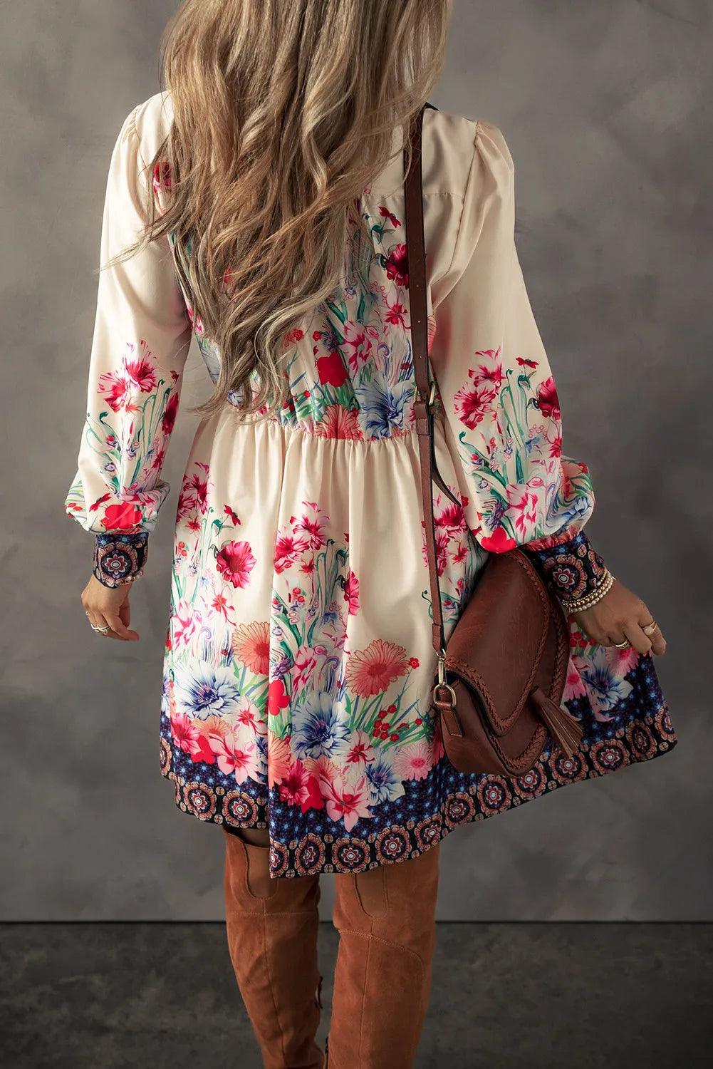 Flower Button Down Lantern Sleeve Dress - Curated by tt