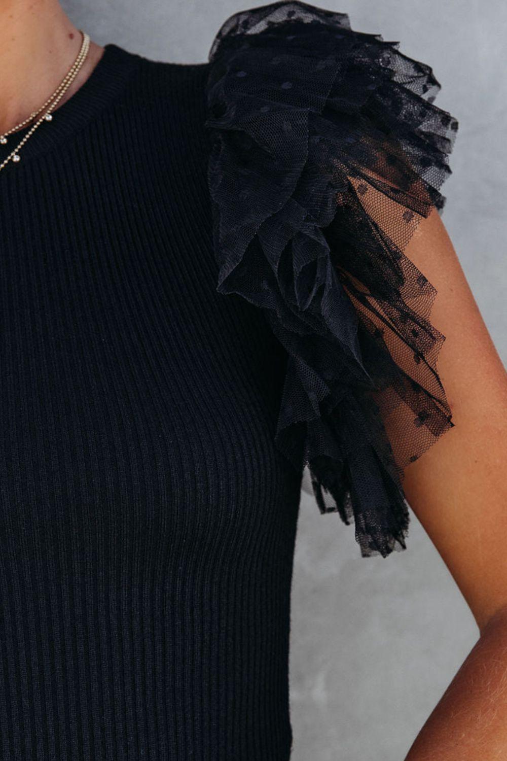 Ruffled Round Neck Cap Sleeve Blouse - Curated by tt