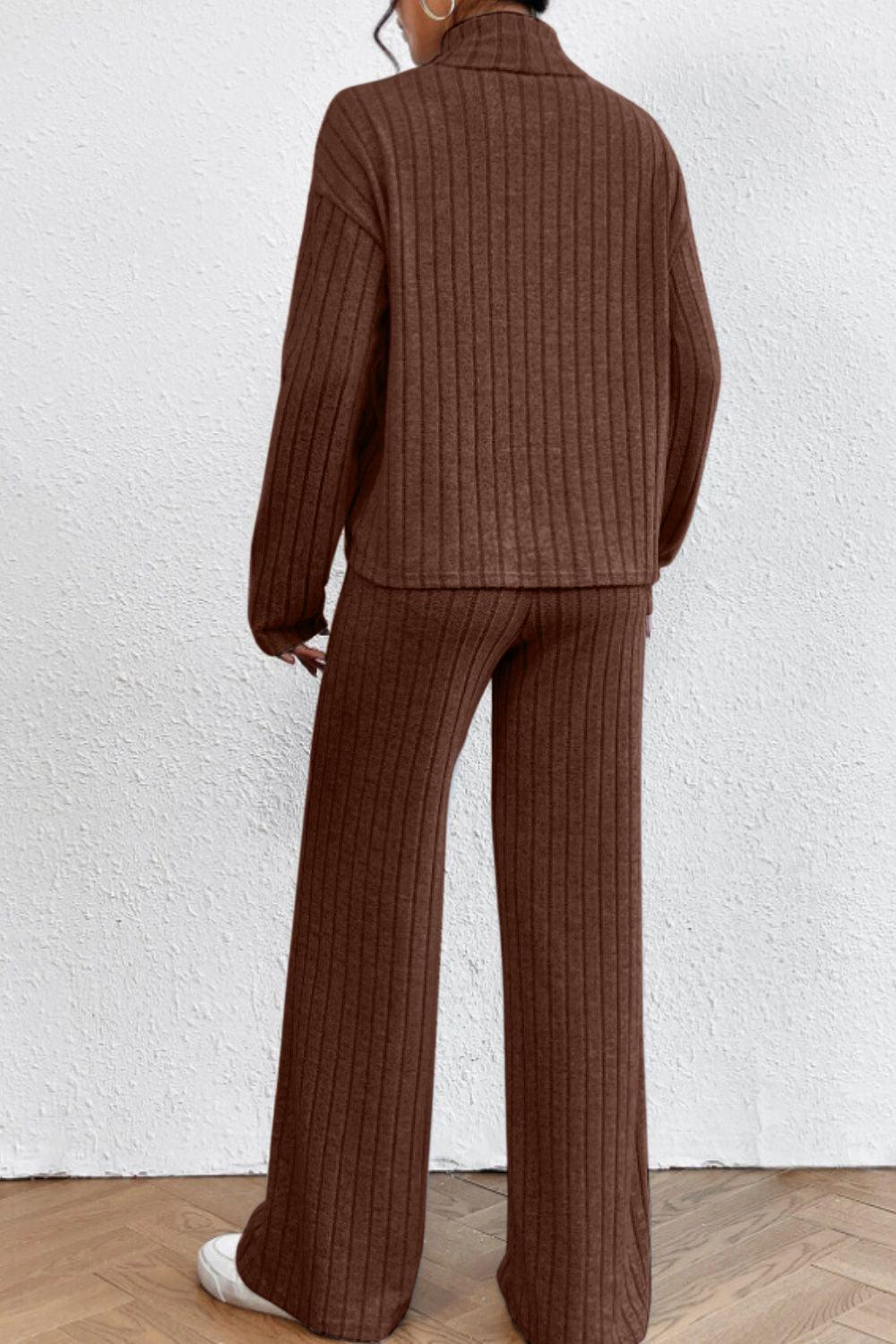 Mock Neck Dropped Shoulder Top and Pants Set - Curated by tt