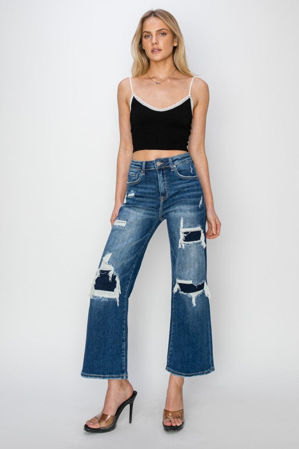 Full Size High Rise Patch Detailed Wide Leg Crop Jeans - Curated by tt