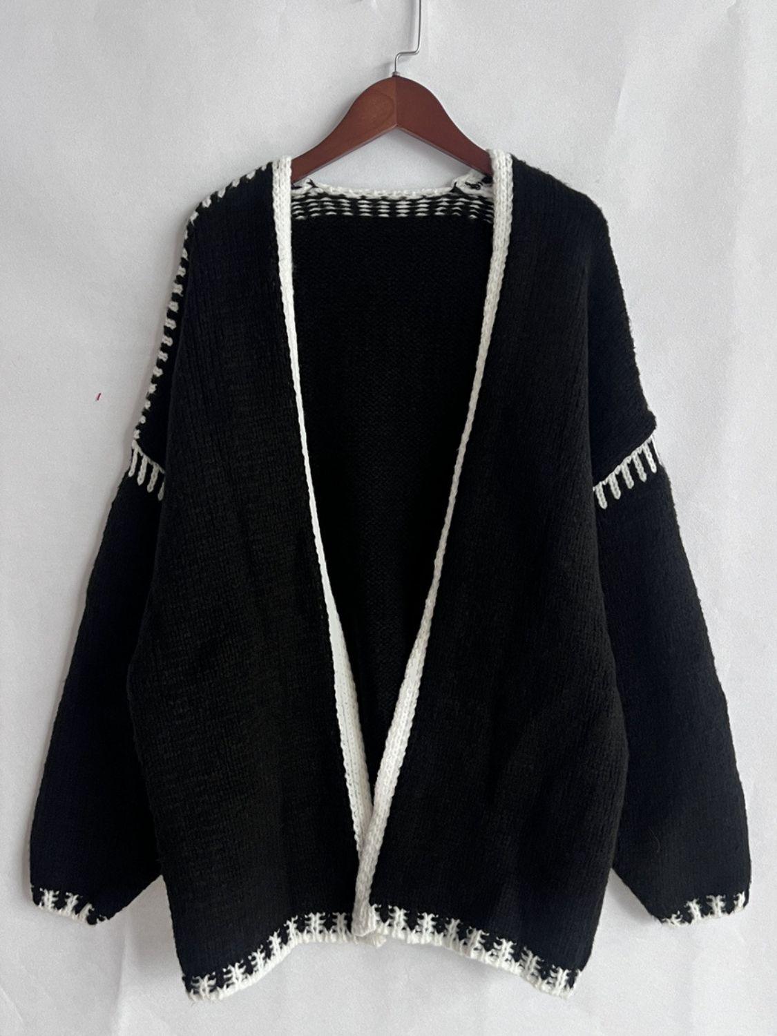 Double Take Contrast Open Front Dropped Shoulder Cardigan - Curated by tt
