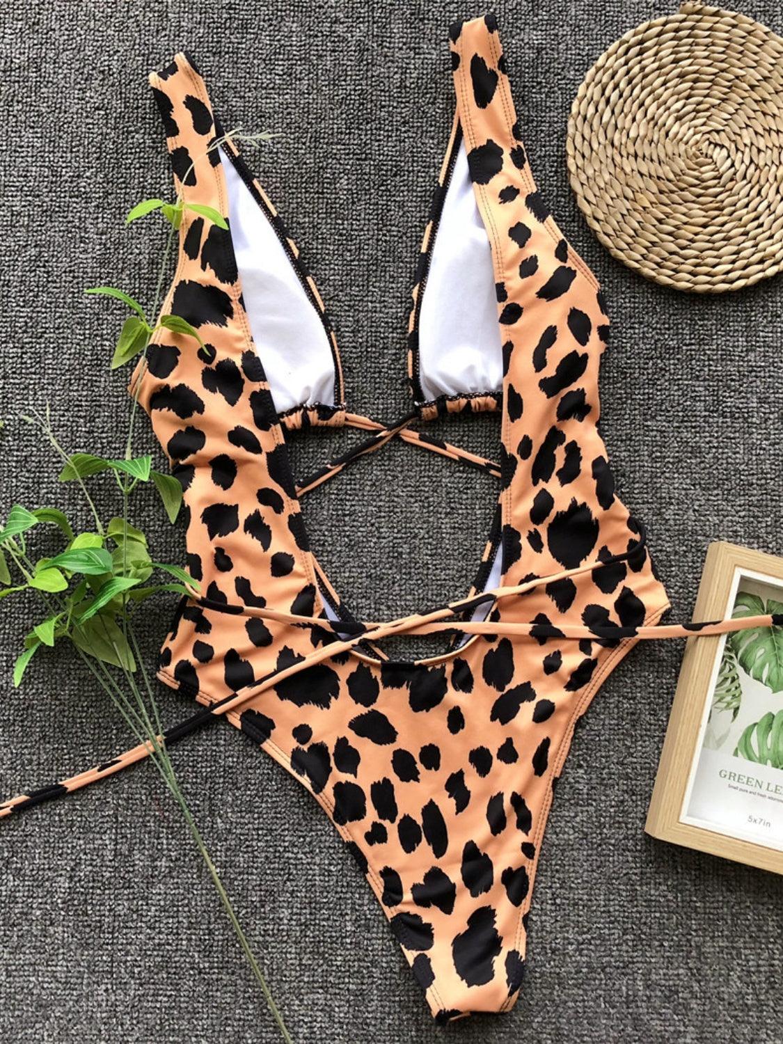 Lace-Up Backless Plunge One-Piece Swimwear - Curated by tt