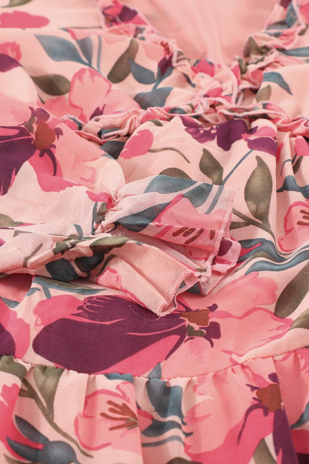 Floral Frill Trim Flounce Sleeve Plunge Maxi Dress - Curated by tt