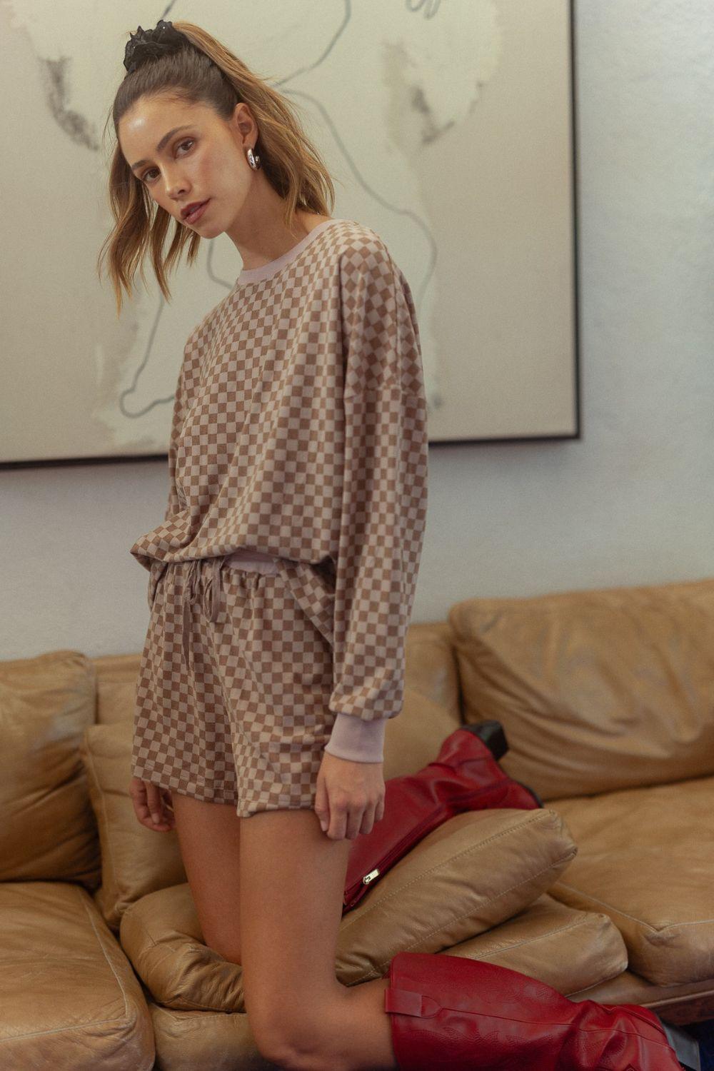 Annie Wear Checkered Round Neck Top and Drawstring Shorts Set - Curated by tt