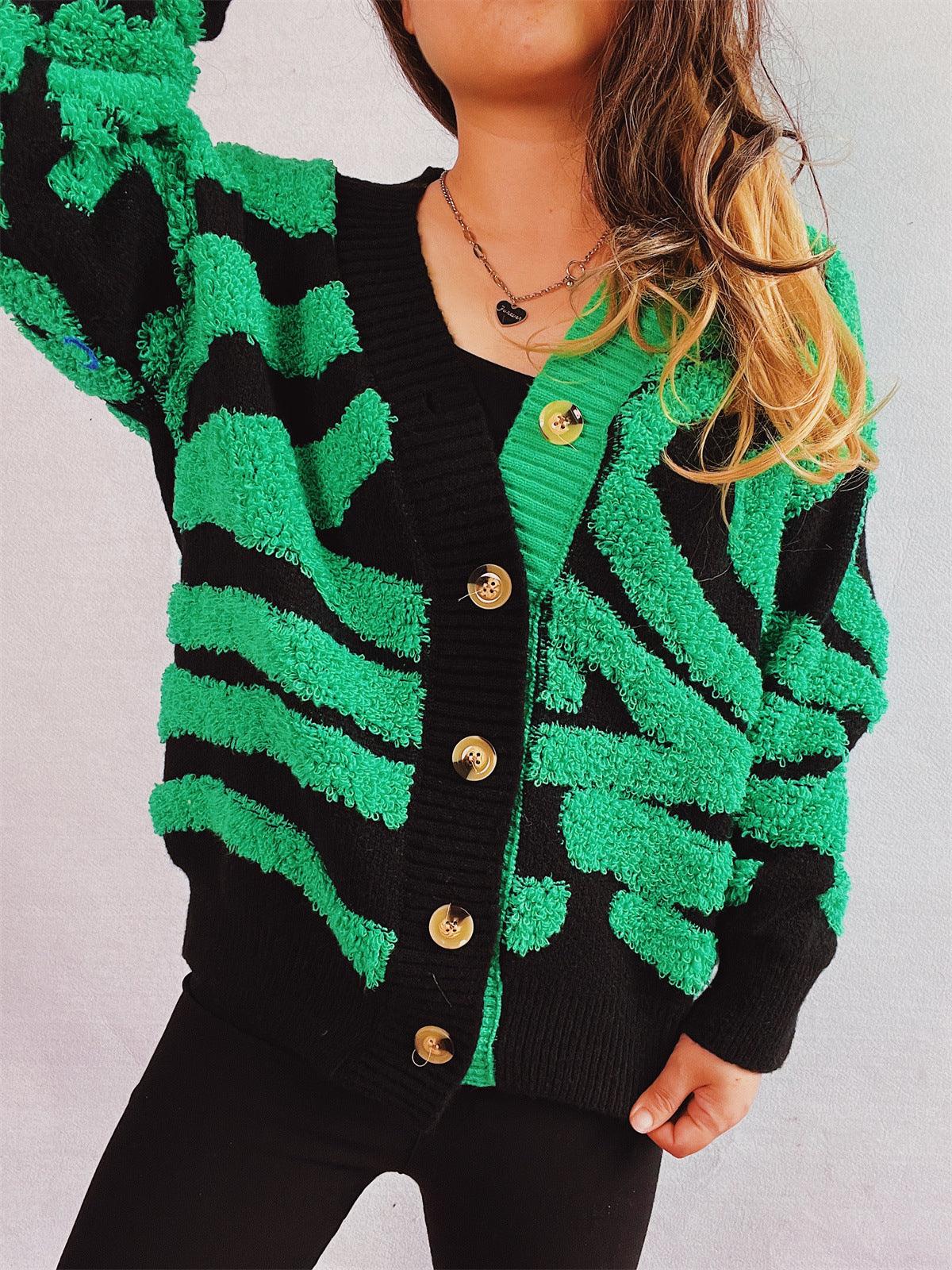 Contrast Button Up Long Sleeve Cardigan - Curated by tt