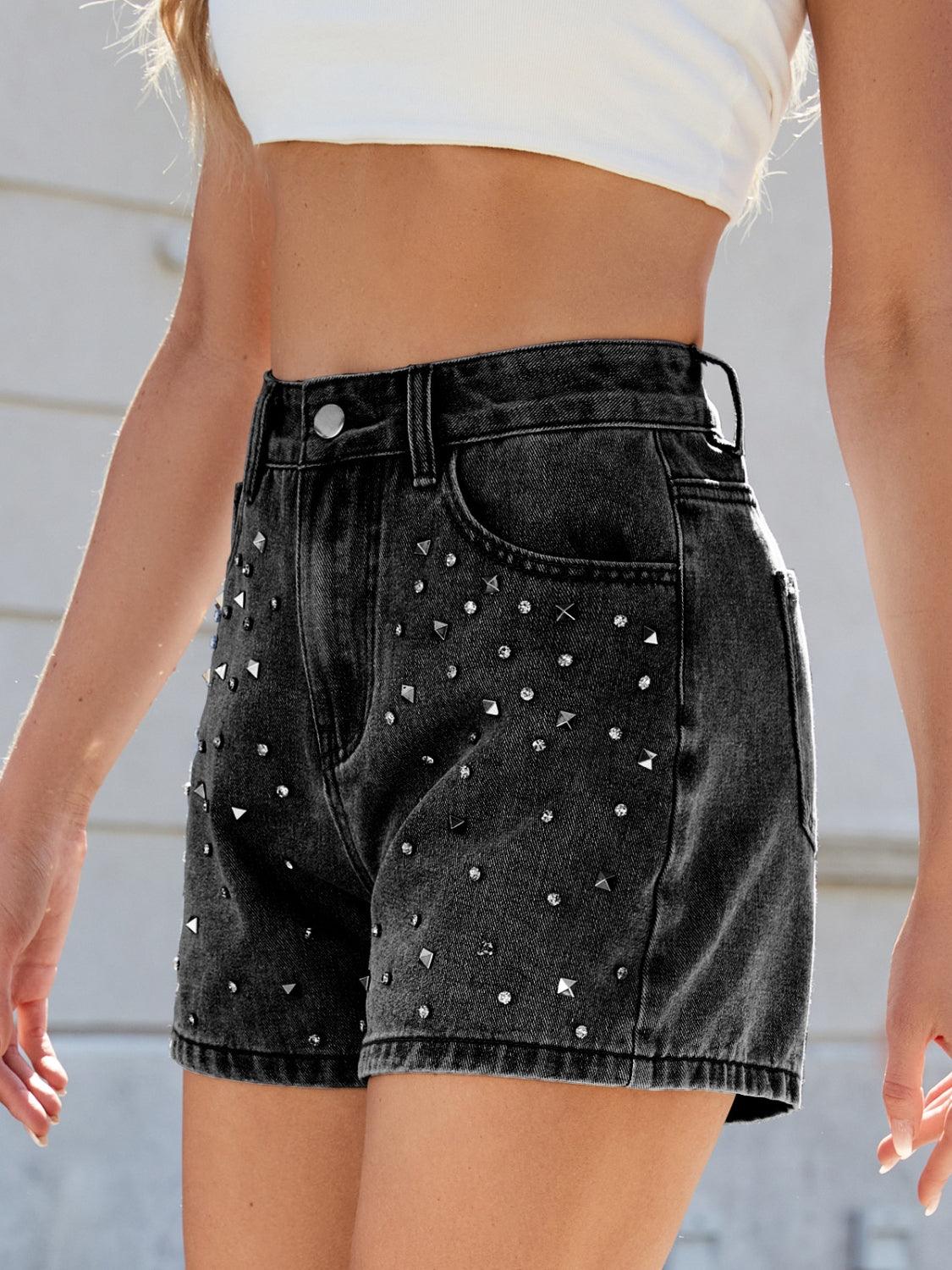 Rhinestone Washed High Waist Denim Shorts - Curated by tt