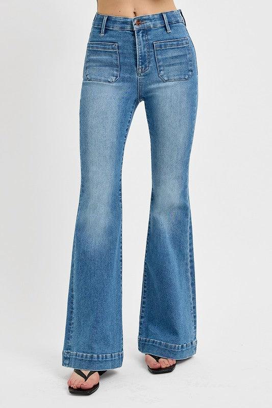 Full Size Front Patch Pocket Flare Jeans Plus Size - Curated by tt