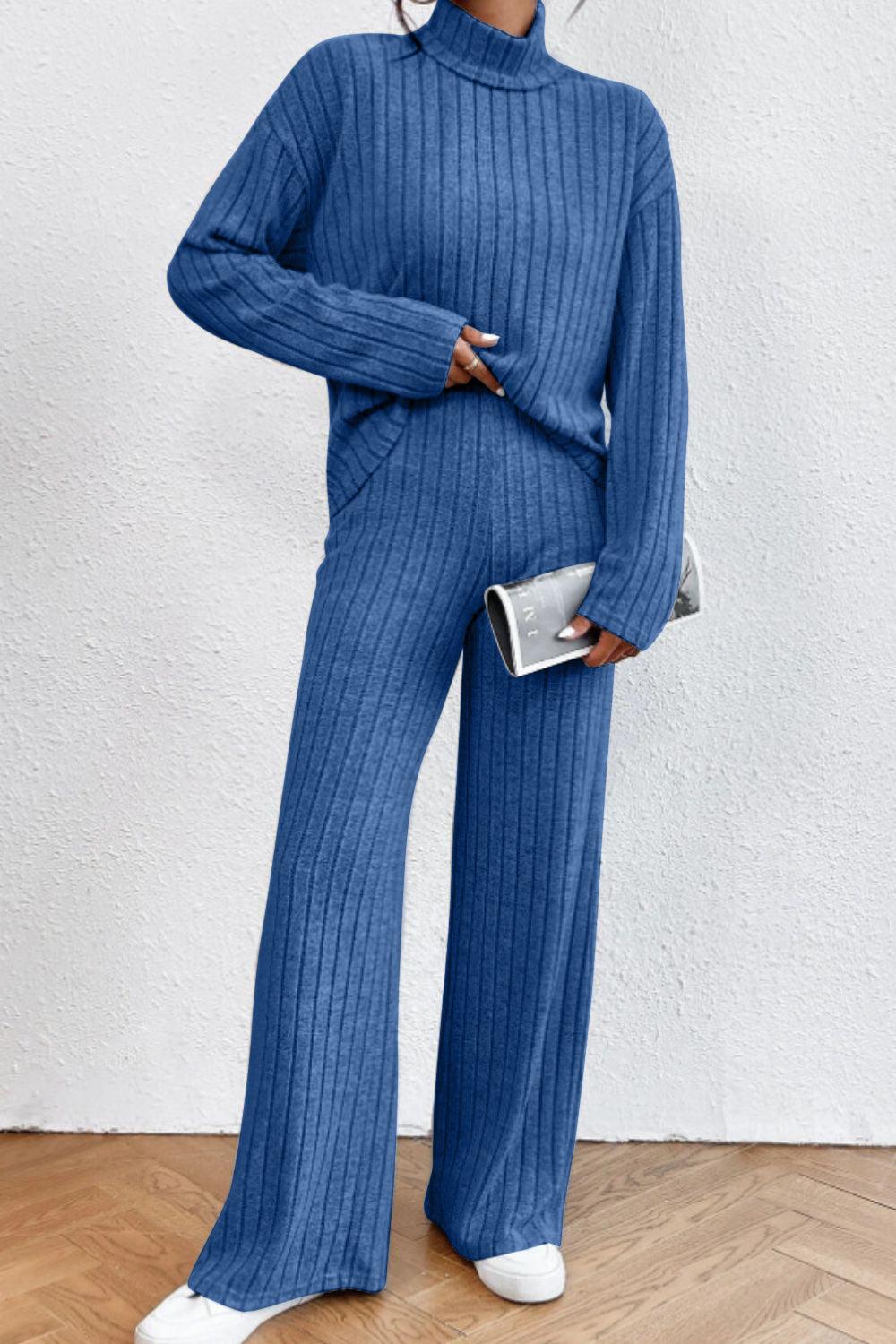 Mock Neck Dropped Shoulder Top and Pants Set - Curated by tt