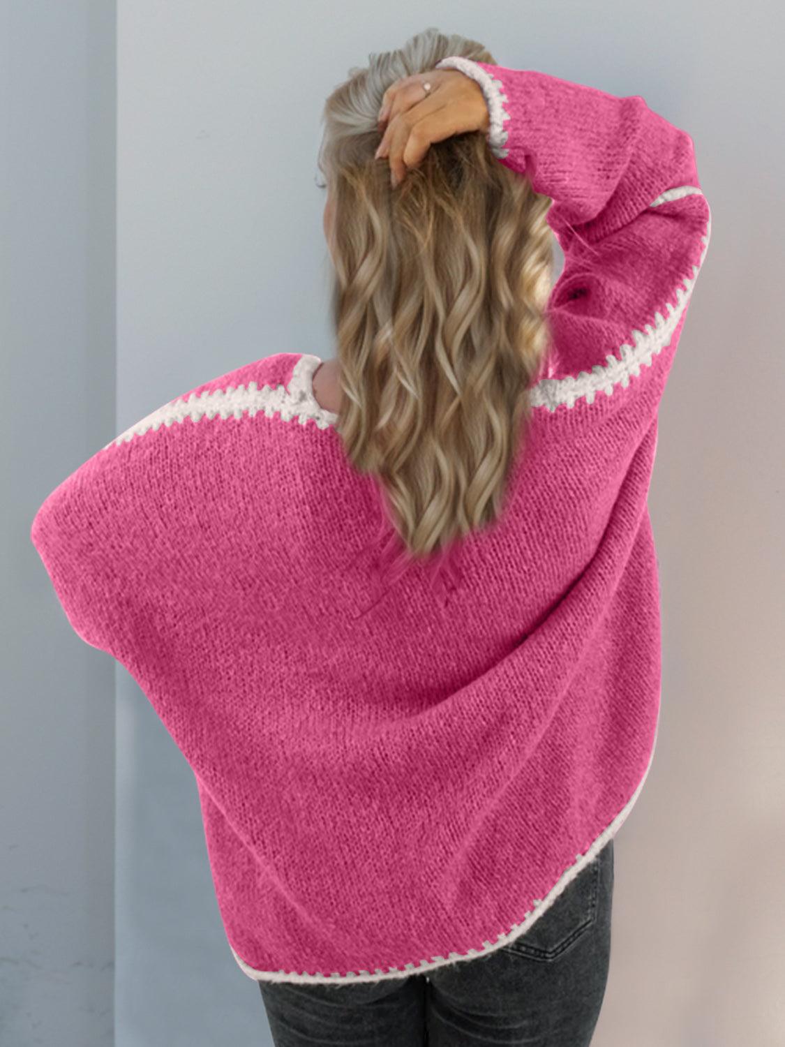 Double Take Contrast Open Front Dropped Shoulder Cardigan - Curated by tt