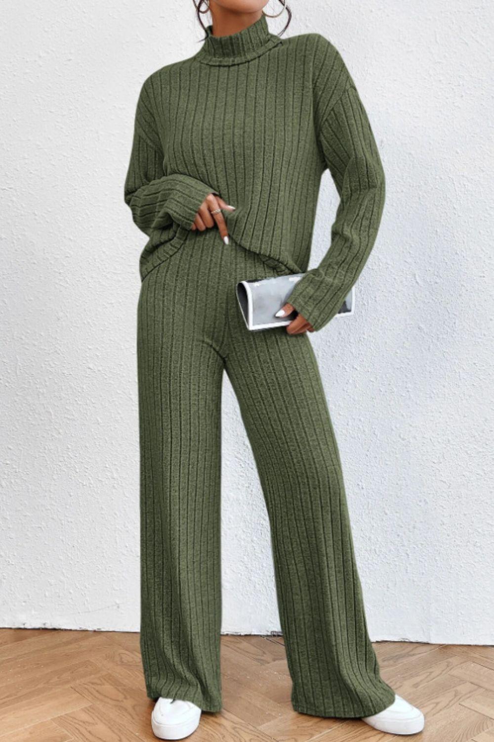 Mock Neck Dropped Shoulder Top and Pants Set - Curated by tt