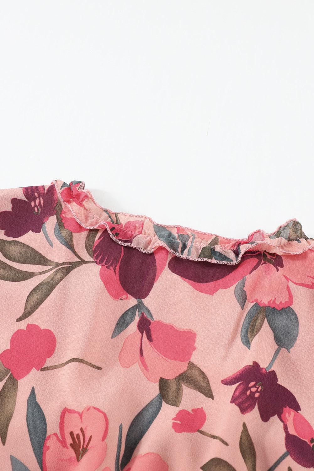 Floral Frill Trim Flounce Sleeve Plunge Maxi Dress - Curated by tt