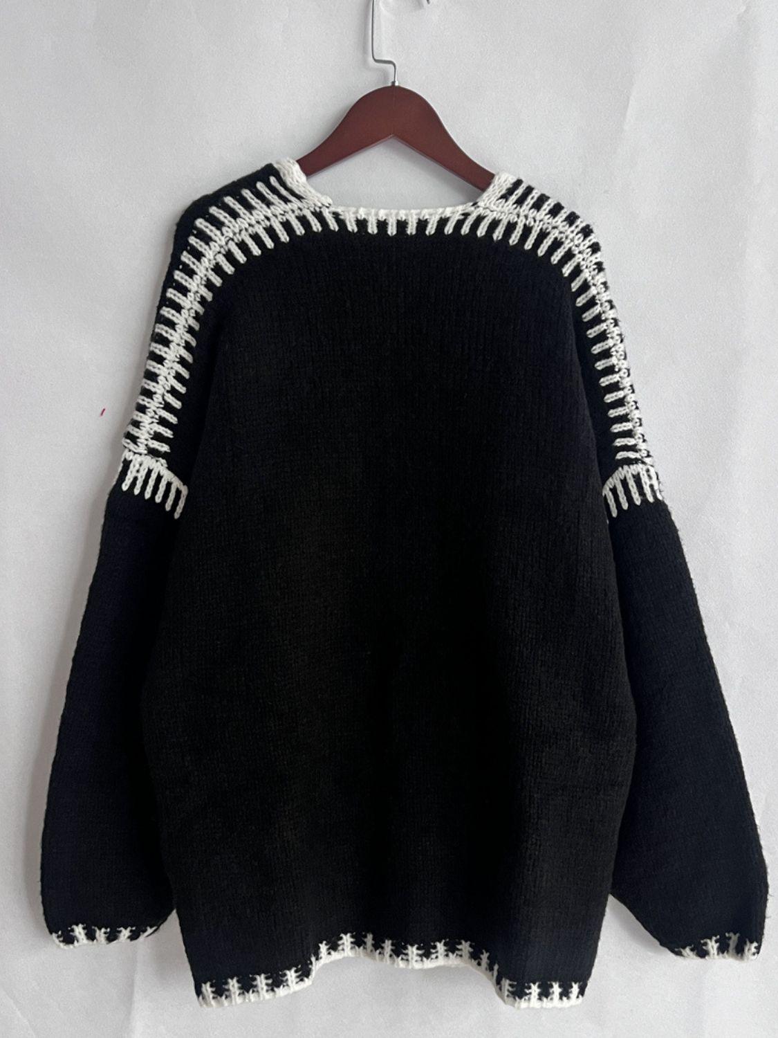 Double Take Contrast Open Front Dropped Shoulder Cardigan - Curated by tt