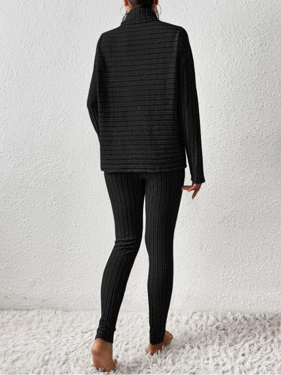 Ribbed Turtleneck Top and Pants Set - Curated by tt
