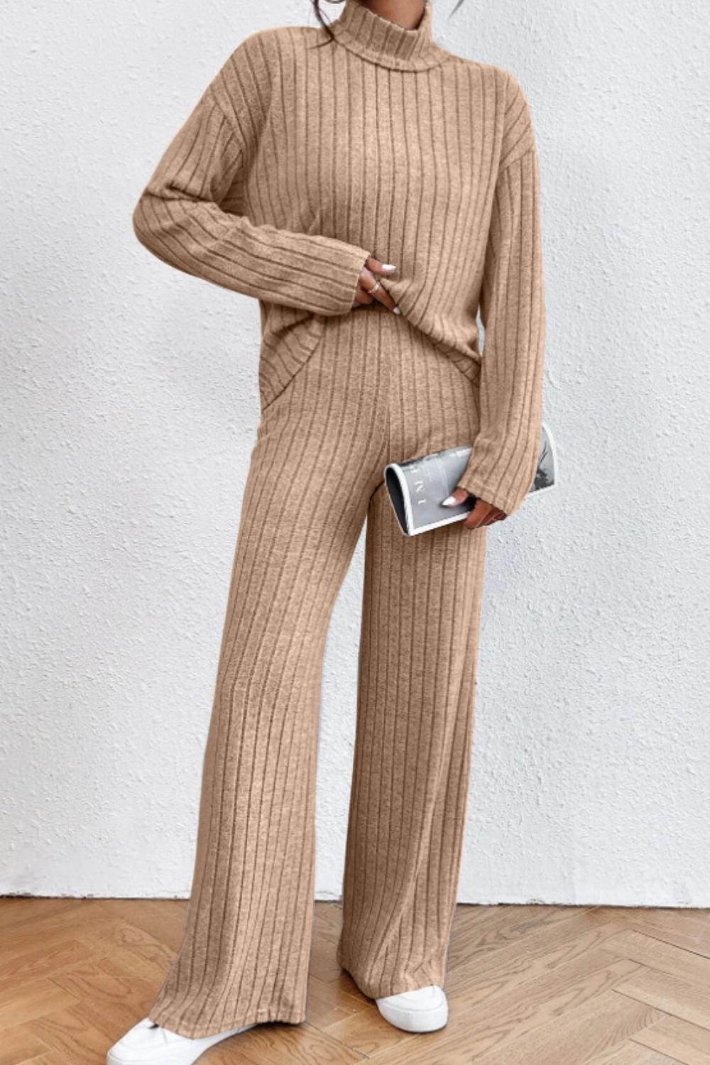 Mock Neck Dropped Shoulder Top and Pants Set - Curated by tt