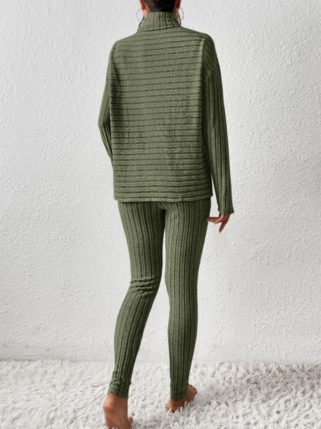 Ribbed Turtleneck Top and Pants Set - Curated by tt