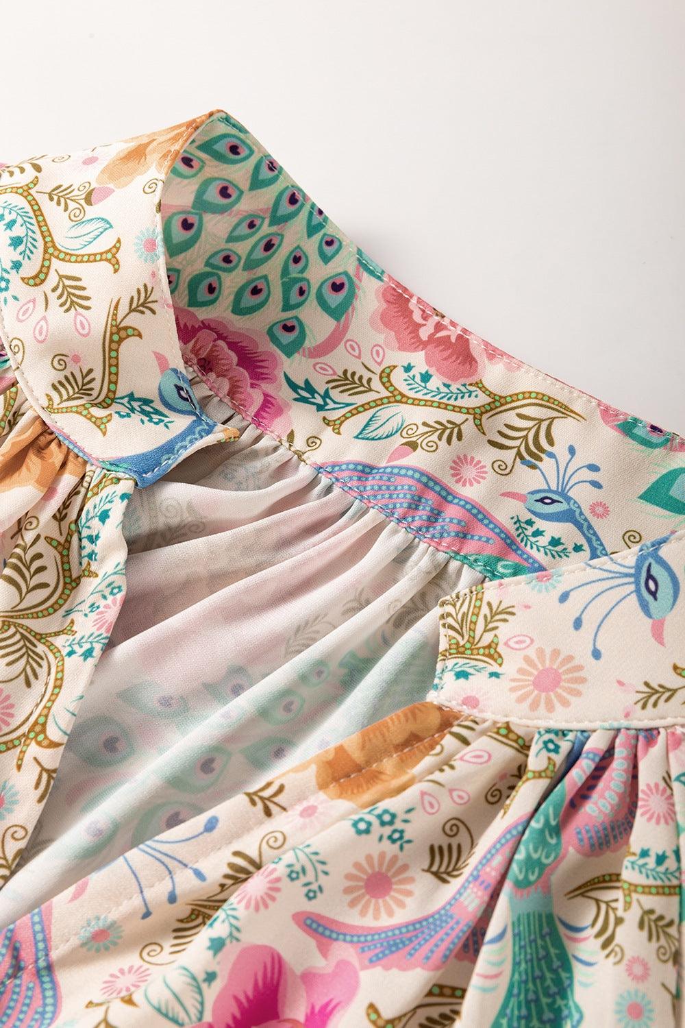 Printed Notched Lantern Sleeve Dress - Curated by tt