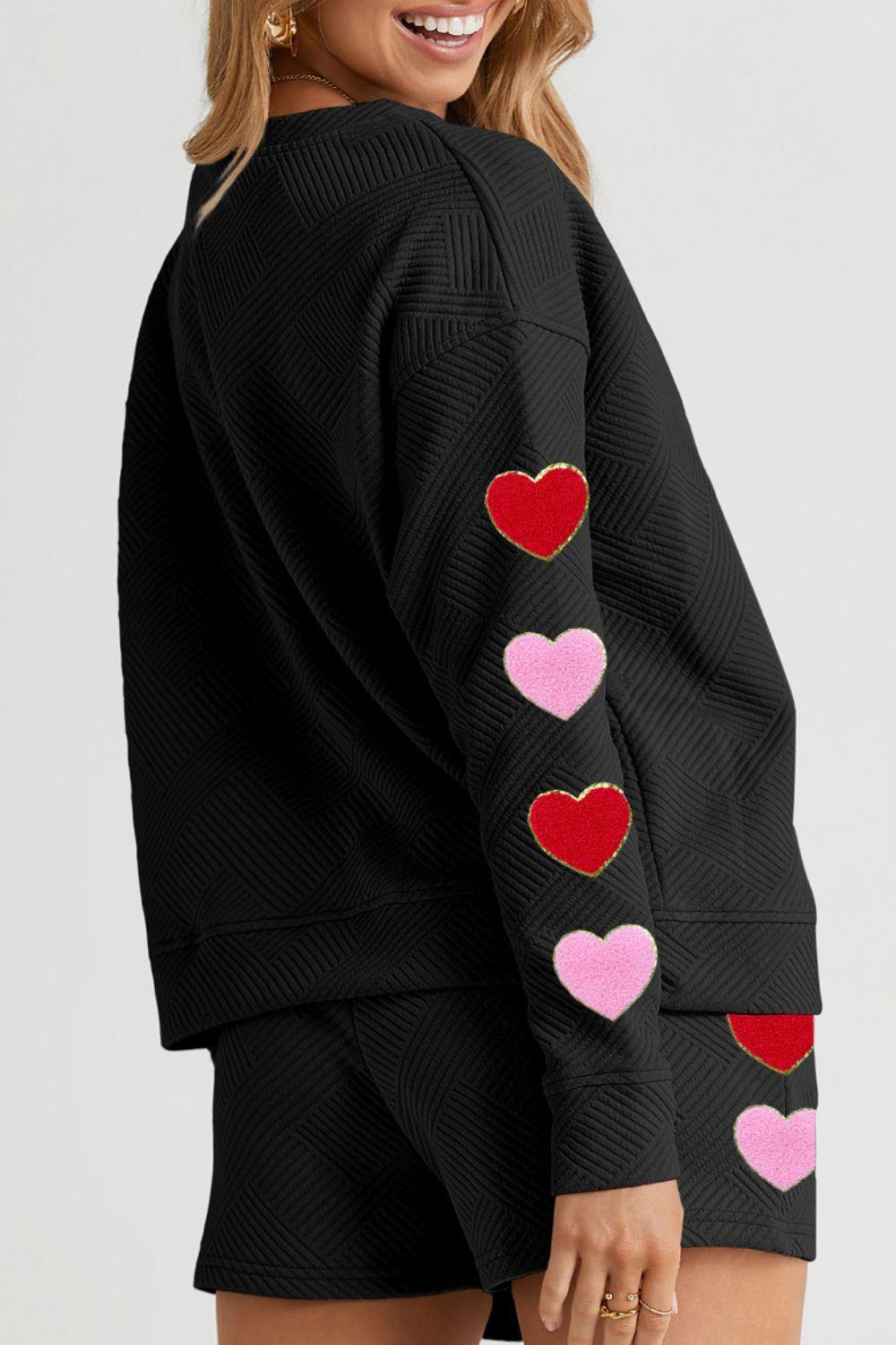 Heart Texture Round Neck Top and Drawstring Shorts Set - Curated by tt