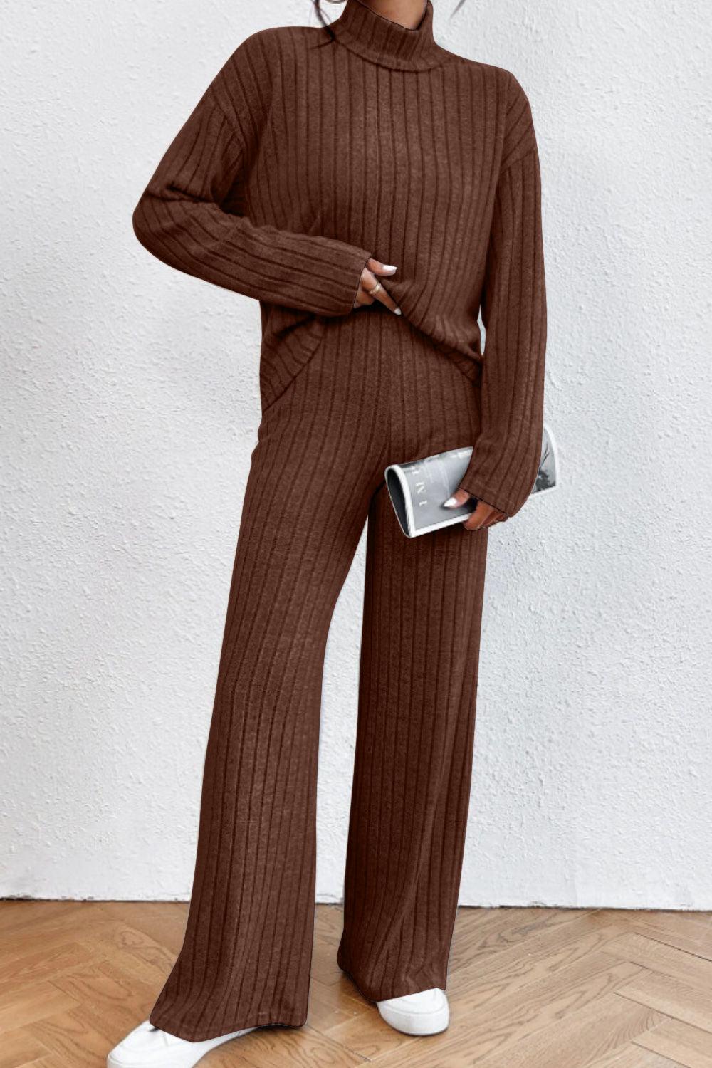 Mock Neck Dropped Shoulder Top and Pants Set - Curated by tt