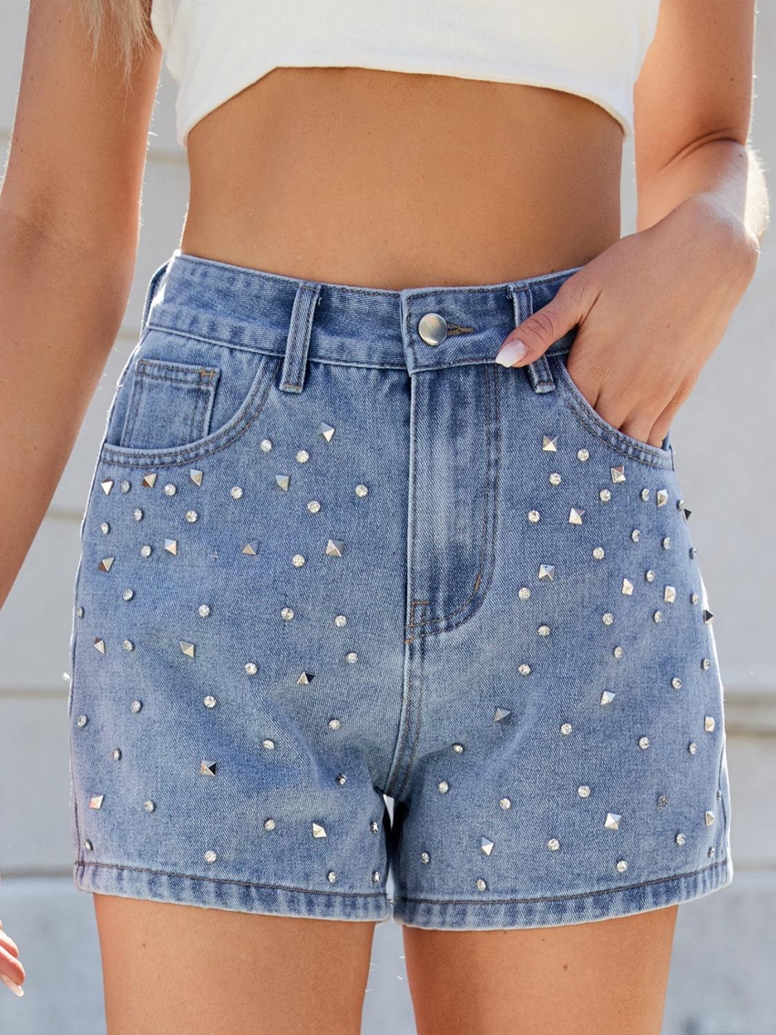 Rhinestone Washed High Waist Denim Shorts - Curated by tt