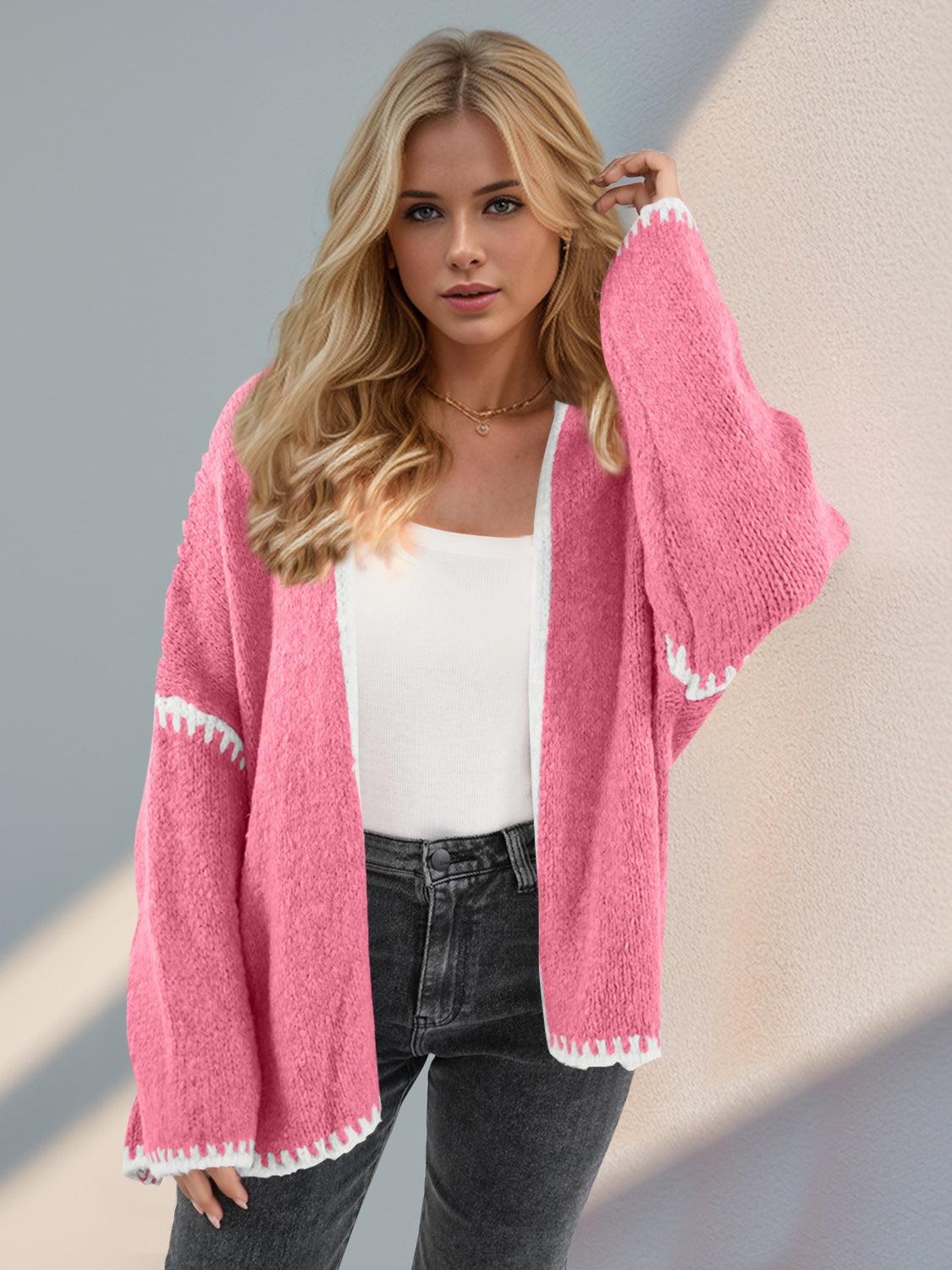 Double Take Contrast Open Front Dropped Shoulder Cardigan - Curated by tt
