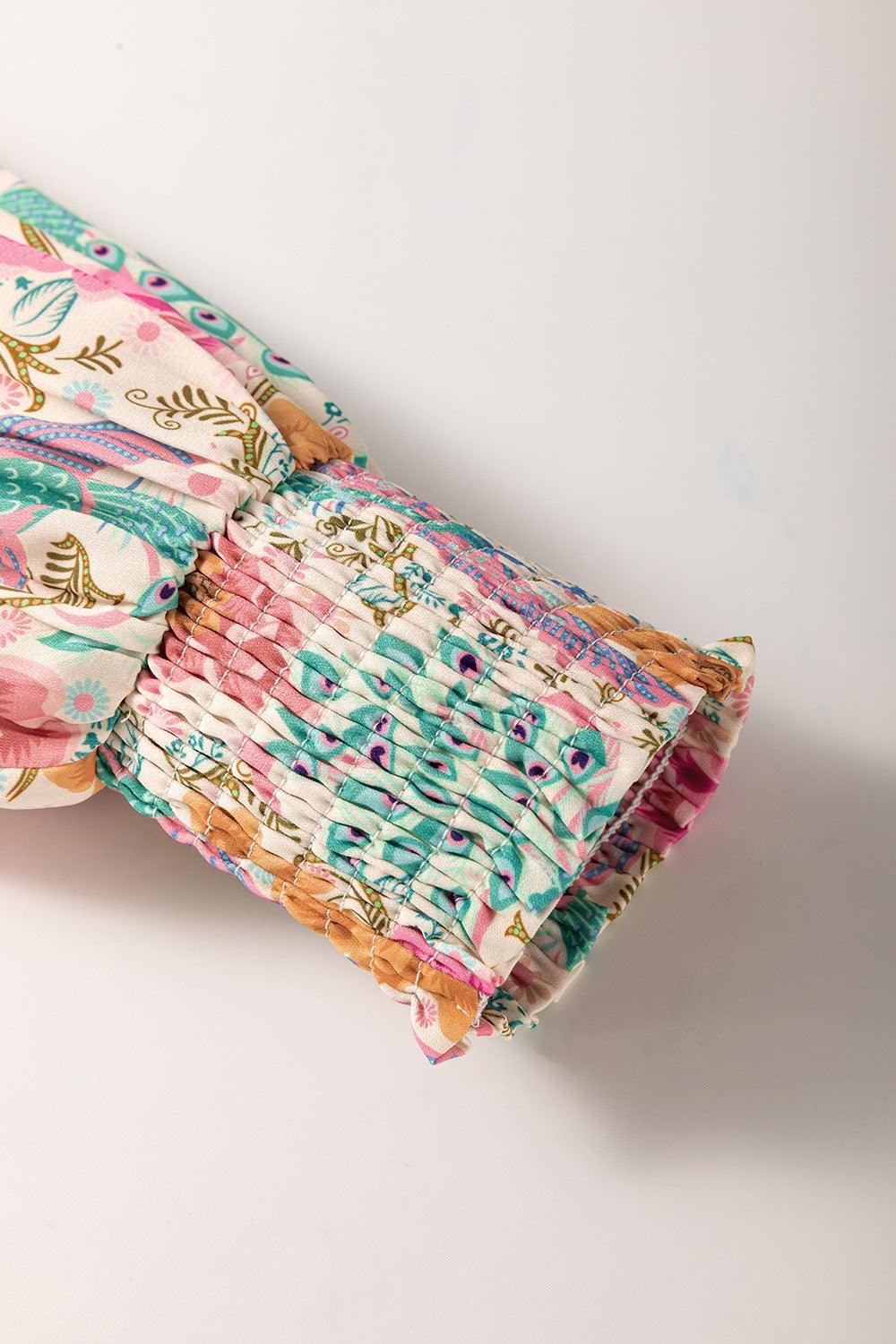 Printed Notched Lantern Sleeve Dress - Curated by tt