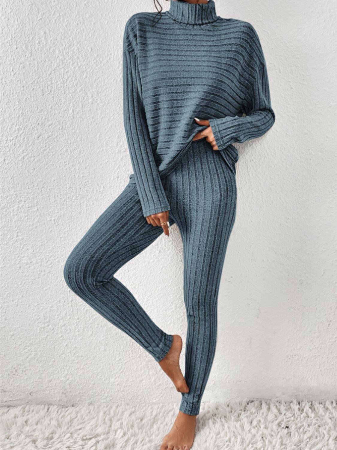 Ribbed Turtleneck Top and Pants Set - Curated by tt