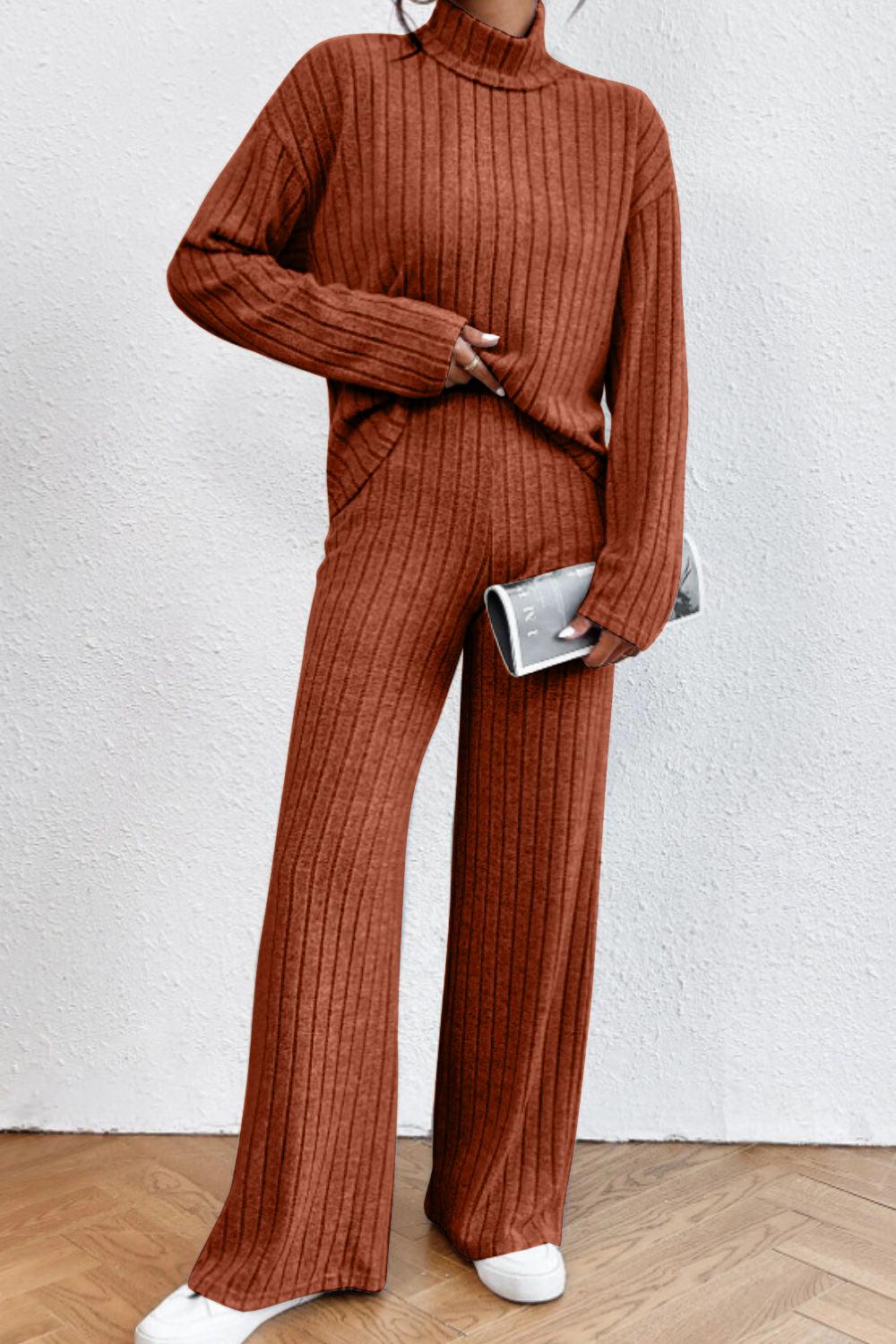 Mock Neck Dropped Shoulder Top and Pants Set - Curated by tt