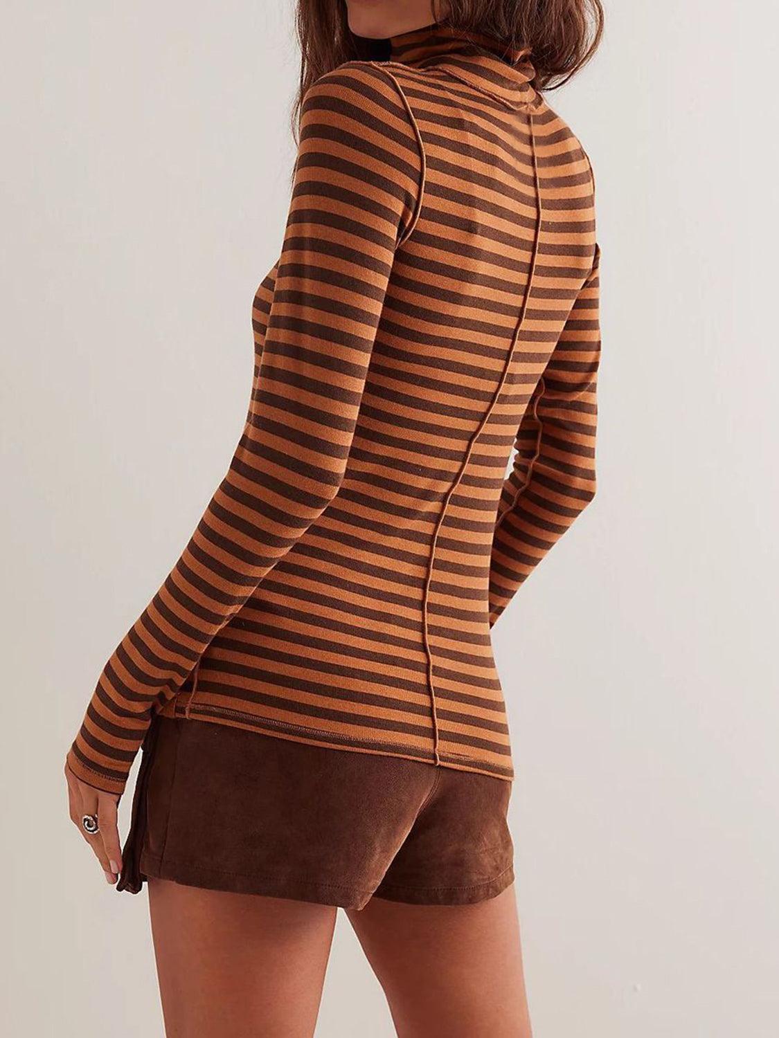 Exposed Seam Striped Turtleneck Long Sleeve T-Shirt - Curated by tt