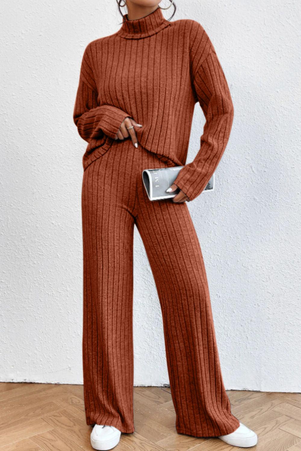 Mock Neck Dropped Shoulder Top and Pants Set - Curated by tt