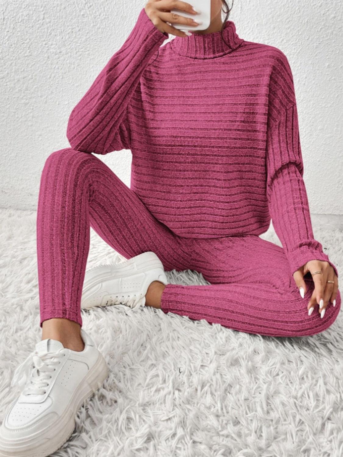 Ribbed Turtleneck Top and Pants Set - Curated by tt