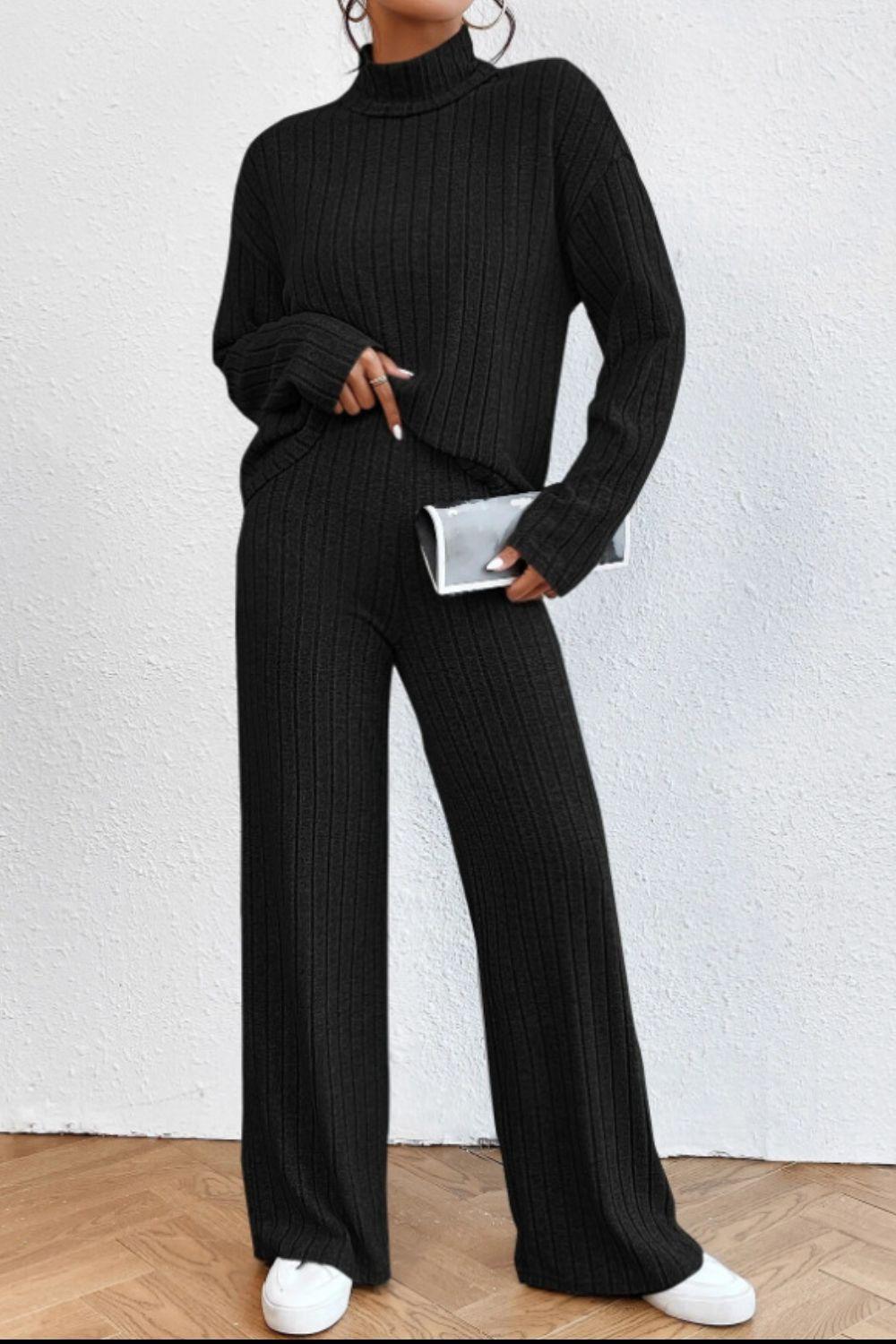 Mock Neck Dropped Shoulder Top and Pants Set - Curated by tt