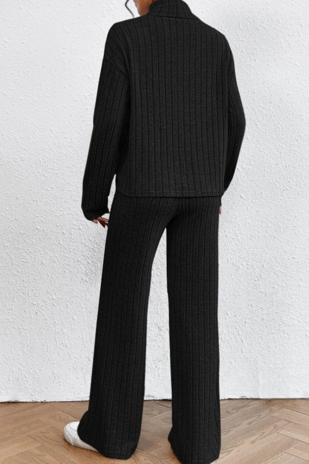 Mock Neck Dropped Shoulder Top and Pants Set - Curated by tt